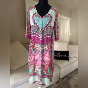 PARAH IMPRONTE Vibrant Heart Motif Pink Teal White V-Neck Dress Size 10